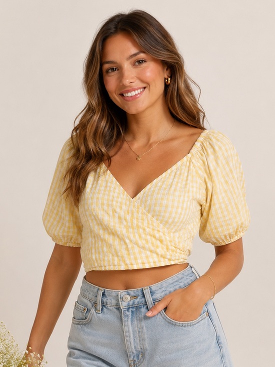 SIM & SAM Tops - Sim & Sam Gingham Puff Sleeve Smocked Top Large Cropped picnic